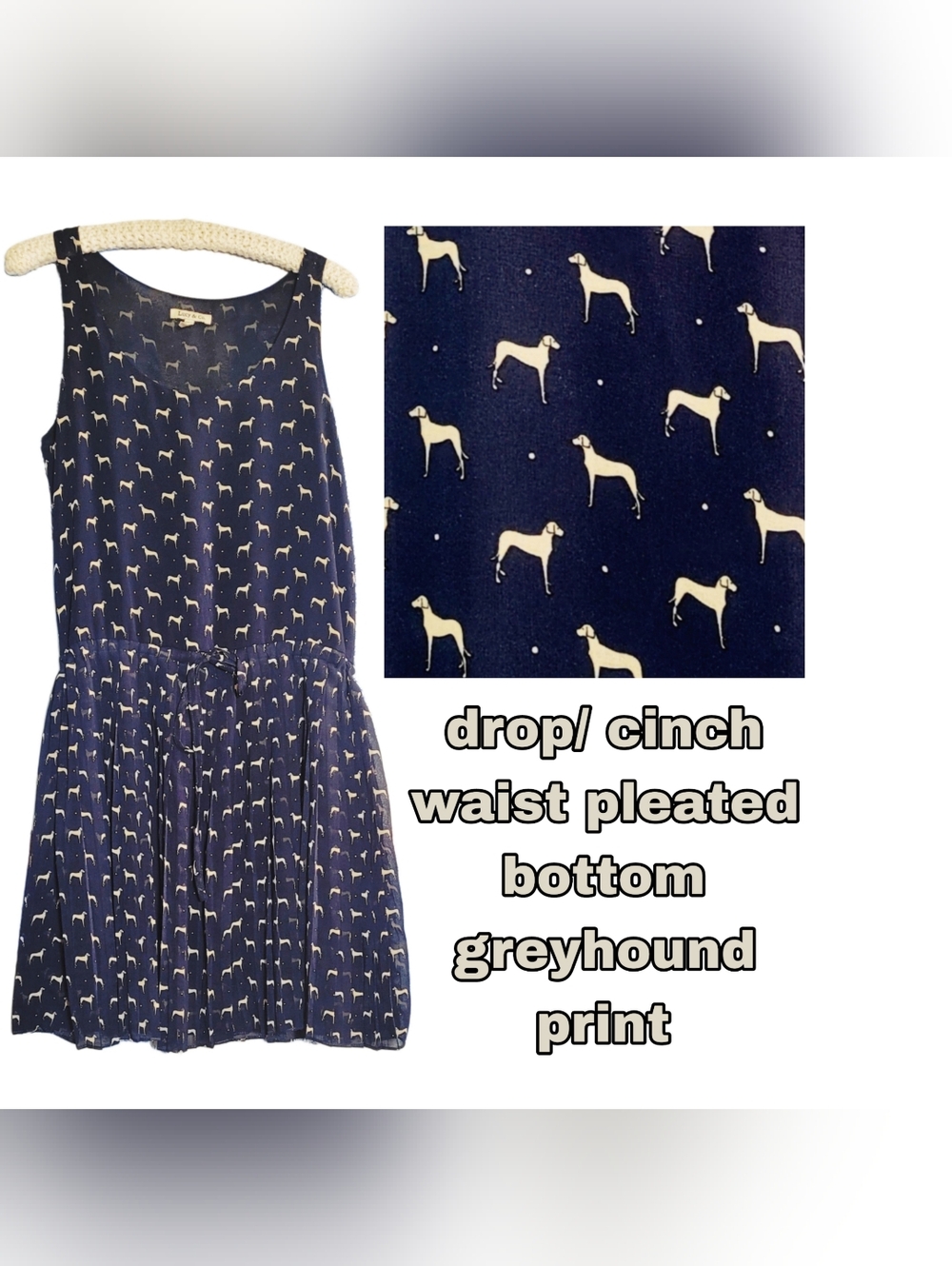 Vintage Navy Blue & Tan Greyhound Print Midi Dress Cinch Waist & Pleated Bottom